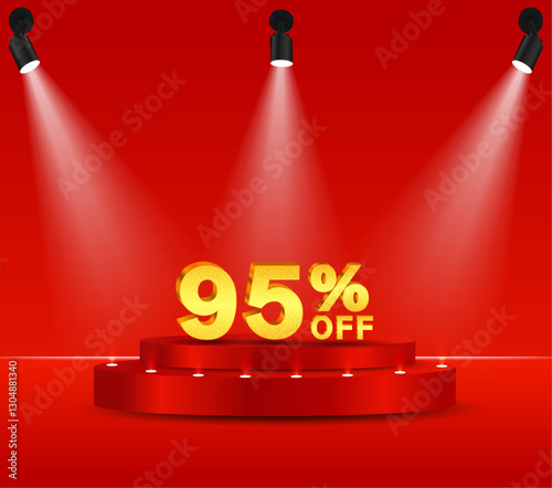 95% discount on gold. 3D golden numbers. Podium with red background and reflective lights.