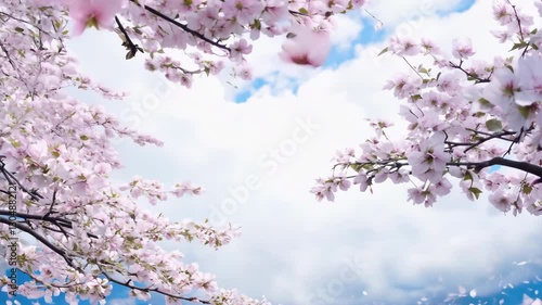 A beautiful cherry tree in full bloom, its tender pink flowers swaying gently in the breeze, set against a soft, dreamy background in a seamless looping 4K animation.