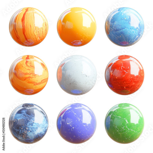 Wallpaper Mural Celestial Spheres: A collection of vividly colored spheres, each mirroring the dynamic patterns and rich hues reminiscent of planetary surfaces, creating a compelling display of cosmic wonder. Torontodigital.ca