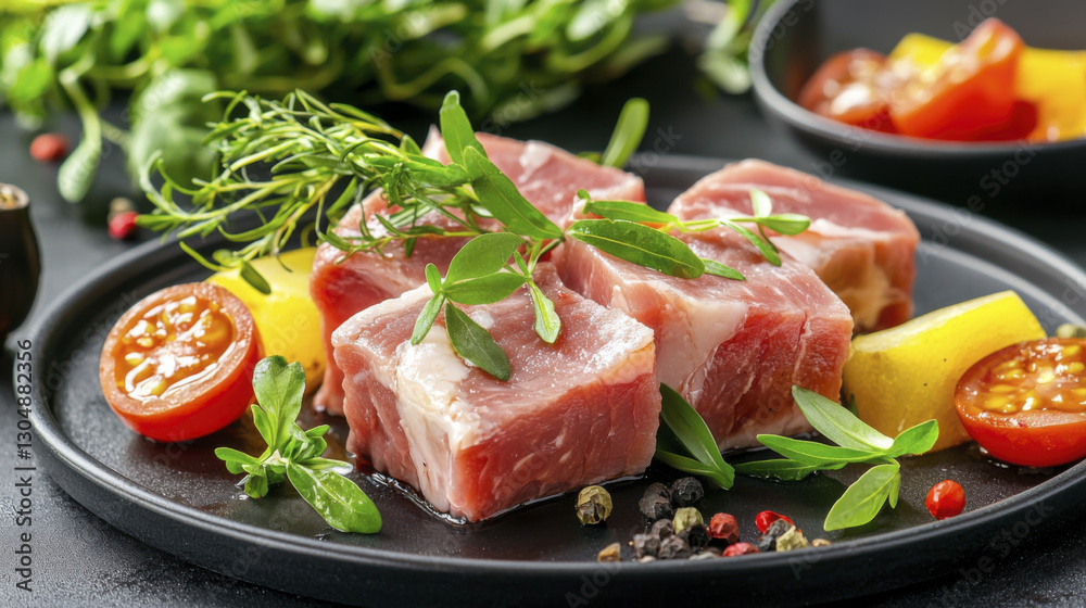 Fresh meat cubes garnished with herbs and vegetables on black plate Fresh meat cubes garnished with herbs and vegetables on black plate