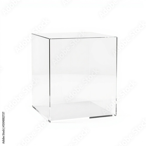 High-resolution 3D rendering of a transparent acrylic cube, isolated on a white background.  The cube showcases an empty interior, ideal for product placement.  