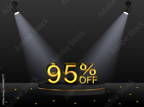 95% discount. Discount. 3D sale symbol with decorative objects, golden confetti, podium. Sale banner and poster. Vector illustration.