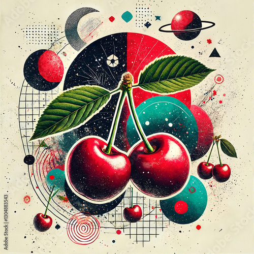 Artistic cherry illustration with leaves on a colorful abstract cosmic background