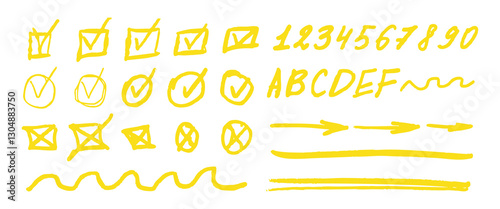 A set of yellow check marks, numbers, and letters. The check marks are in various sizes and shapes, and the numbers and letters are also in different sizes and shapes. Scene is playful and creative
