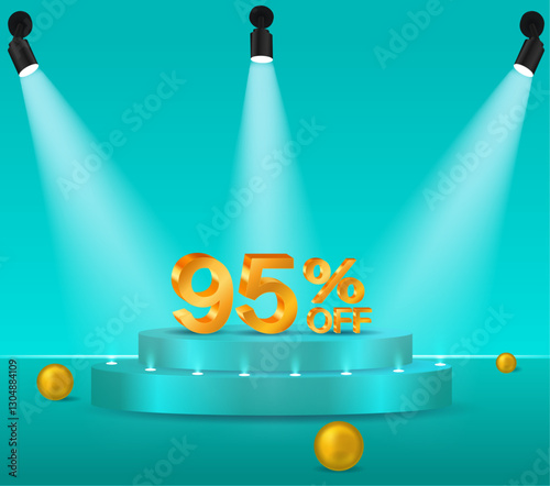 95% off 3D gold. 95% off special offer. podium with blue background. big business, perfect for flyers, banners, ads, stickers.
