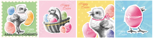halftone Easter day collage cover set, romantic card with cutout paper elements, greeting poster with dotted icons