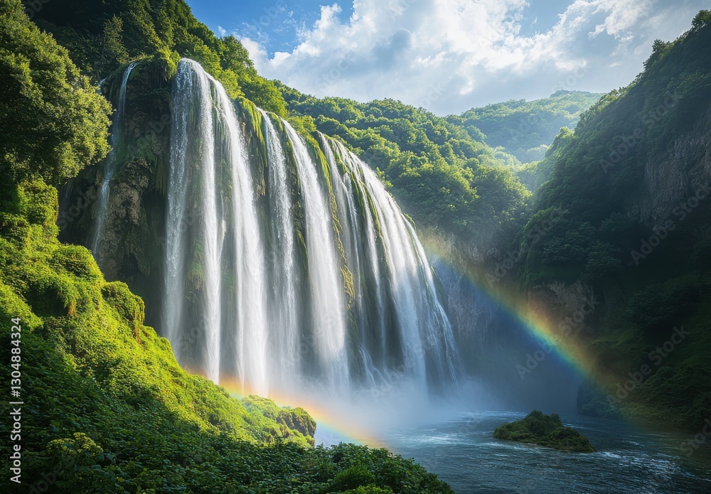 Fototapeta premium Majestic Waterfall Cascading Down Lush Green Cliffs Surrounded by Vibrant Nature and Stunning Rainbow in a Sunlit Environment