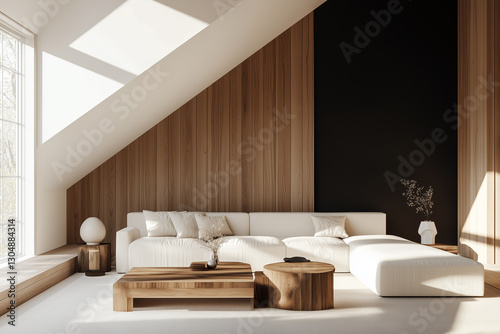 Modern Minimalist Living Room with Sloped Light Wood Ceiling, Dark Accent Wall, and Sunlit Neutral Furnishings