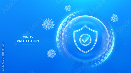 Virus protection. Healthcare. Vaccination. Virus cell. Antibiotic. Protection shield with Check mark icon inside transparent sphere shield with hexagon pattern on blue background. Vector illustration.