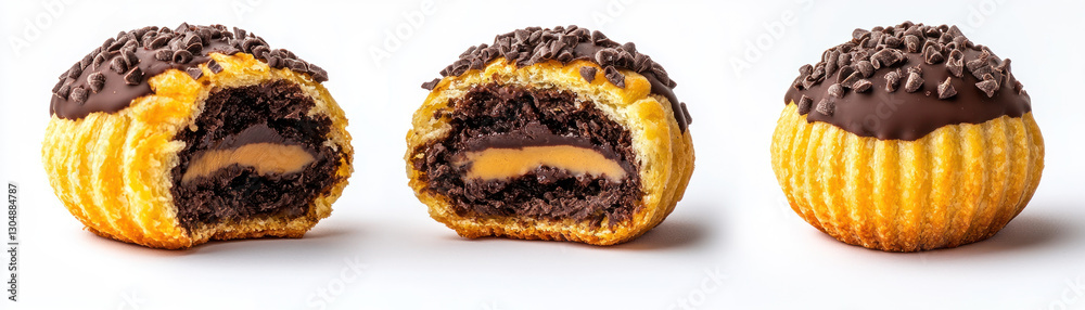 Three chocolate covered pastries with creamy filling and chocolate sprinkles Three chocolate covered pastries with creamy filling and chocolate sprinkles