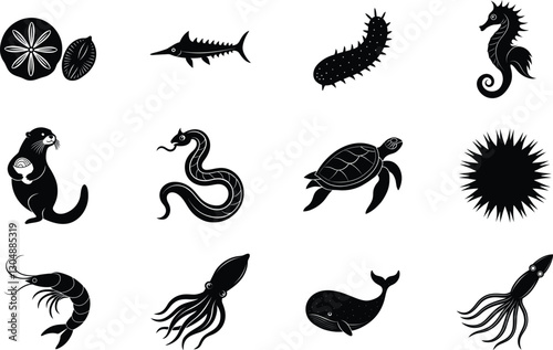 Ocean Life Silhouettes of Marine Animals and Sea Elements