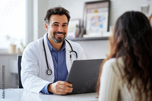 Reassuring Medical Consultation with Smiling Doctor and Attentive Patient in Contemporary Office Setting