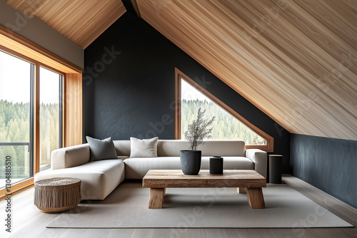 Modern Living Space Featuring Light Sofa, Rustic Coffee Tables, and Clean Architectural Lines Under a Warm Wood Ceiling