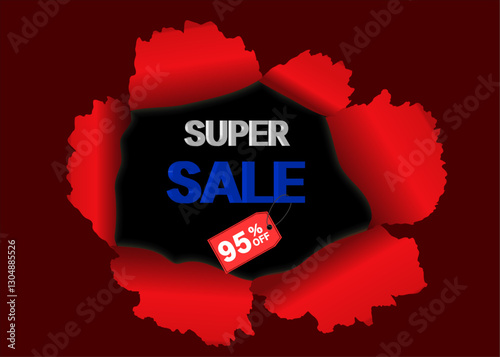 Super sale 95% off. banner vector art design. eye-catching with a bold red background, perfect for promotional materials.