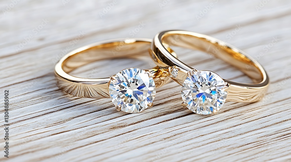 Sparkling Diamond Engagement Rings in Gold Setting on Wooden Background