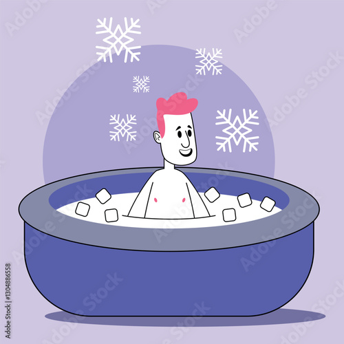 Person happily soaking in bath filled with ice cubes. Snowflakes surrounding tub, creating winter vibe. Relaxation and health concept