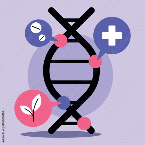 Link between health and genetics, featuring DNA structure along with symbols of medication, wellness, and nature. Biotech advancements concept