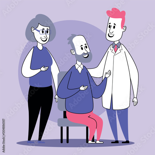 Friendly doctor consulting with elderly man in clinic, supported by caregiver. Health and wellness discussions in professional and caring environment