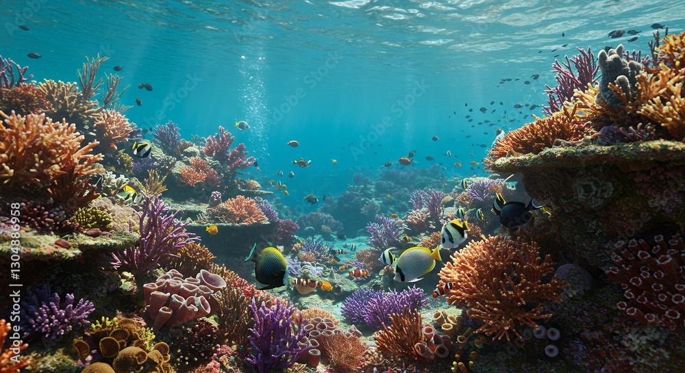 Naklejka premium Exploring Vibrant Underwater Coral Reef with Tropical Fish Swimming Freely