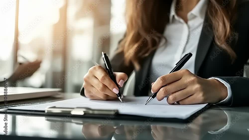 Businesswoman signing documents at her desk with two pens.