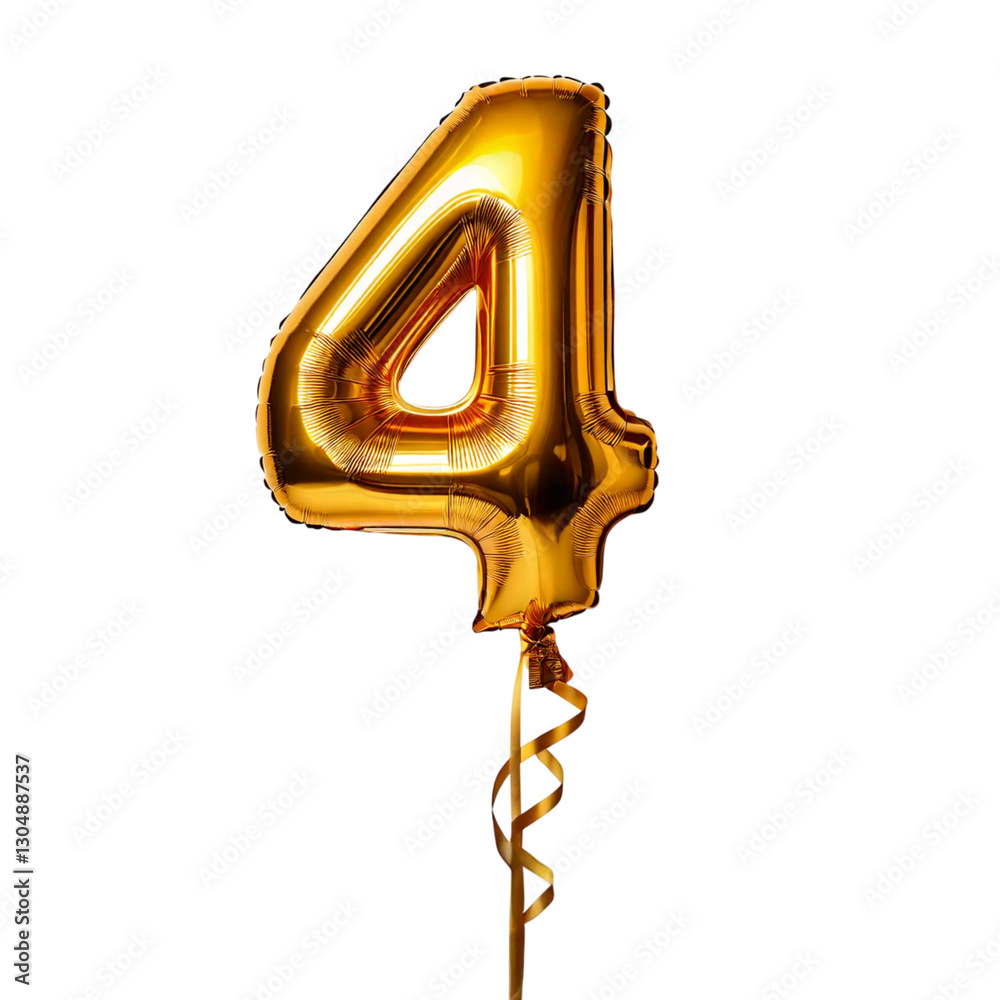 Gold party balloon shaped as number 4, isolated on a transparent background; PNG Gold party balloon shaped as number 4, isolated on a transparent background; PNG