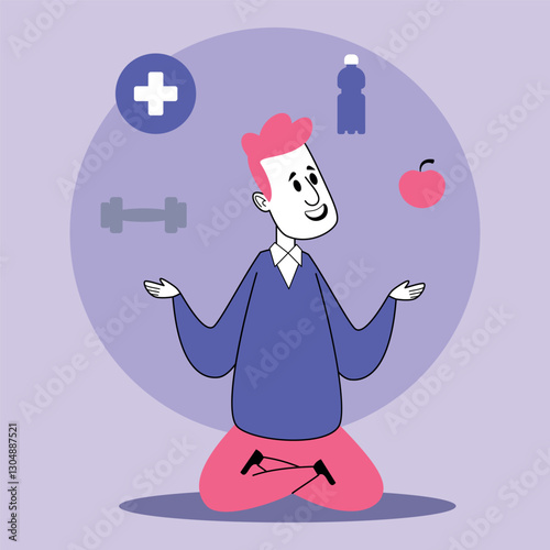 Cheerful character balancing dumbbell, water bottle, and apple while kneeling. Positive approach to well-being and fitness concept
