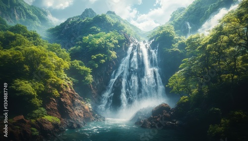 Majestic Waterfall Cascading Down Lush Green Mountains under Bright Sky with Gentle Mist and Vibrant Nature Surroundings