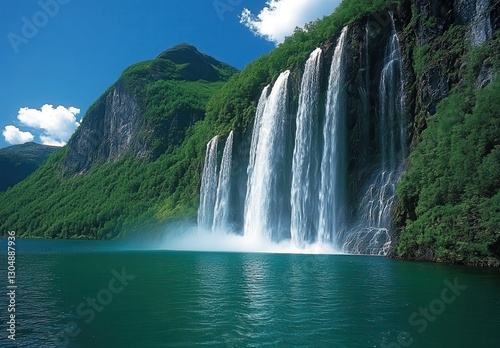 Majestic Waterfall Cascading Down Lush Green Mountains Under Clear Blue Sky with Fluffy Clouds and Tranquil Turquoise Water Below for Serene Natural Beauty