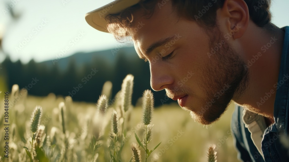 Young Man Bending Down to Smell Flowers in a Sunlit Field Young Man Bending Down to Smell Flowers in a Sunlit Field