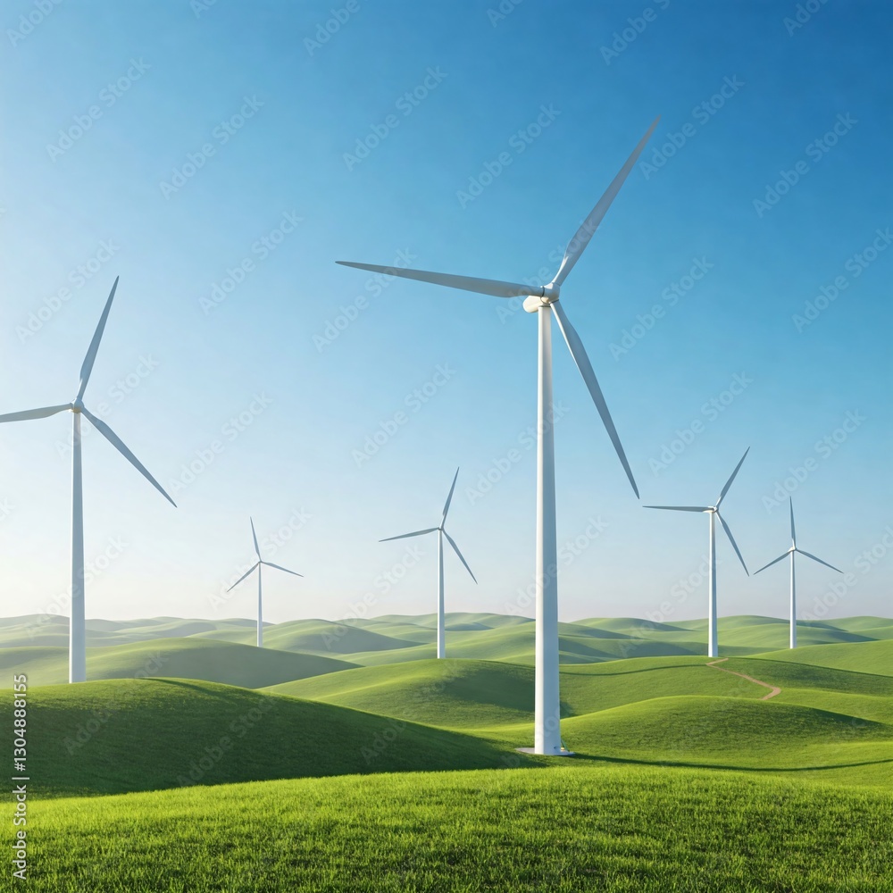 Wind Turbines on Rolling Green Hills under a Blue Sky with Clouds Wind Turbines on Rolling Green Hills under a Blue Sky with Clouds