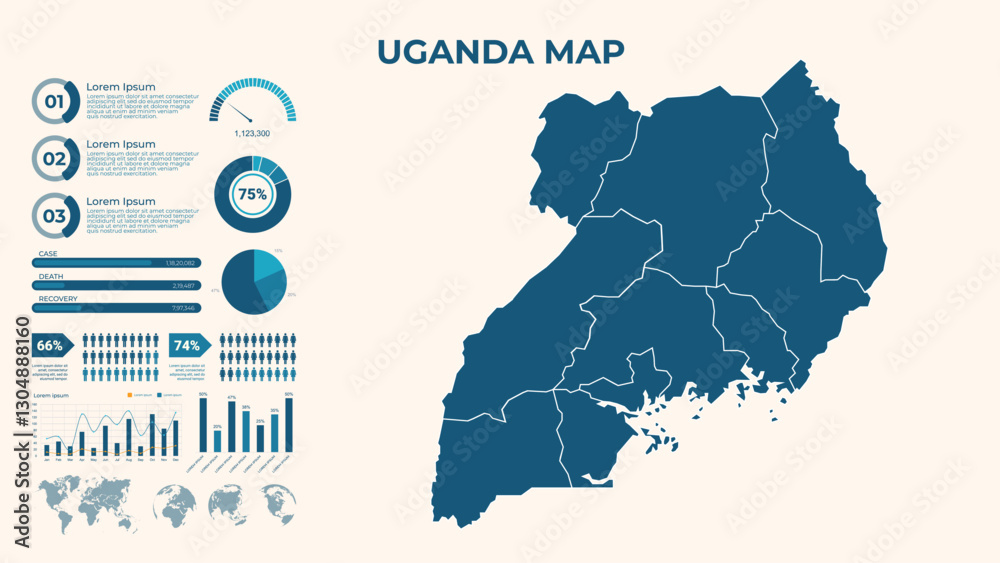 Obraz premium Infographic Map of Uganda. Vector Map of a global map in the form of regions of Uganda. Vector Illustration