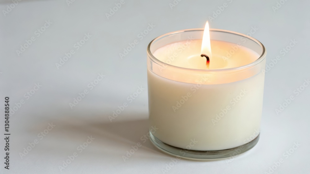Lit Candle in Glass Container on White Background Lit Candle in Glass Container on White Background