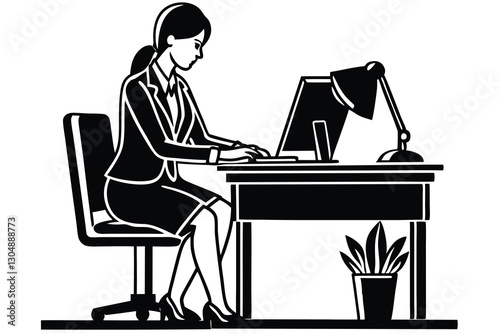 Silhouette of woman working on laptop at desk vector illustration