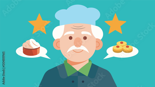 With a lifetime of culinary experiences this elderly gourmet critic gives unbiased and detailed reviews of local street food elevating them to new heights.. Vector illustration