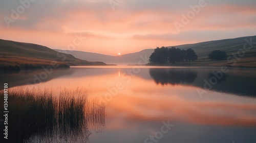 Tranquil lake at sunset, soft orange reflections on the water