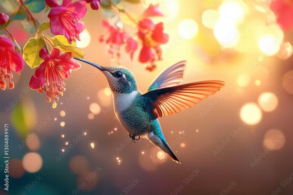 Naklejka premium Close-up of a hummingbird feeding on bright pink flowers