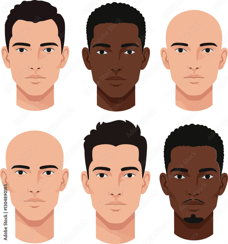 Six diverse male facial illustrations showcasing various hairstyles and skin tones in a flat design style, vector art Six diverse male facial illustrations showcasing various hairstyles and skin tones in a flat design style, vector art