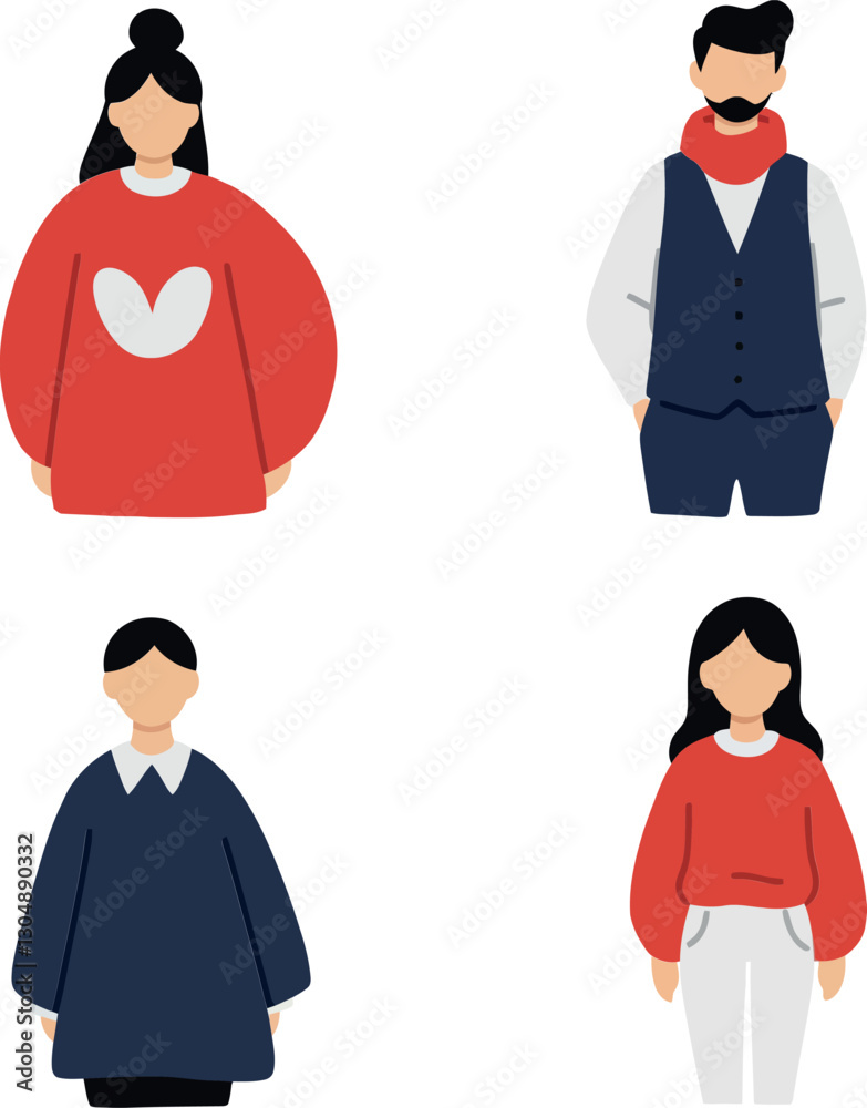 Group of four diverse characters in stylish outfits displaying minimalistic vector art illustration with a playful atmosphere Group of four diverse characters in stylish outfits displaying minimalistic vector art illustration with a playful atmosphere
