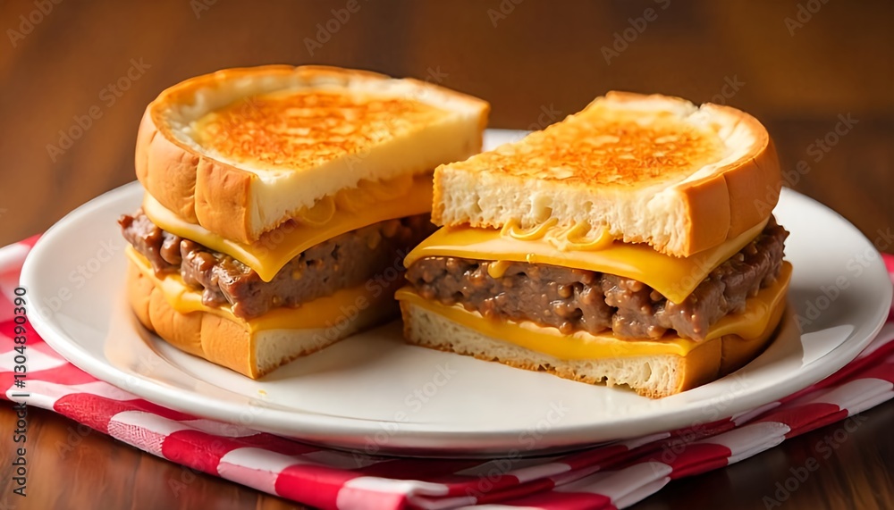 A sandwich in half, the melted cheese appears from the sandwich, and the minced meat, in a white dish.