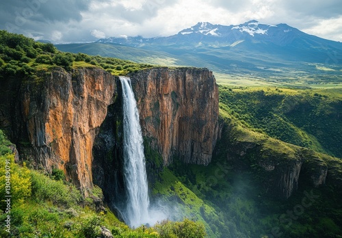 Majestic Waterfall Cascading Down Rocky Cliff Surrounded by Lush Greenery and Dramatic Mountain Landscape Under Stormy Sky