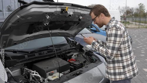 Young man checking under the hood of his car to figure out what the problem is