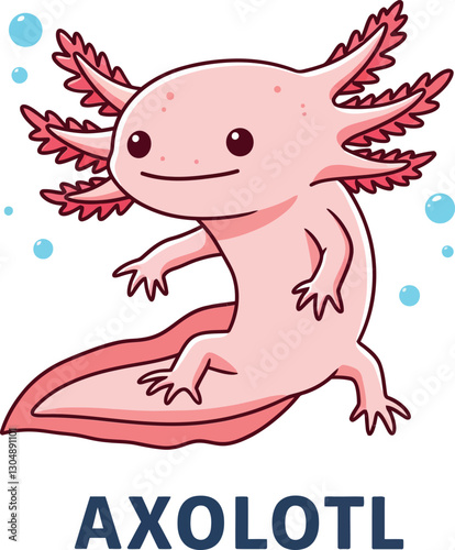 Cute axolotl with pink skin and feathery gills swimming in a playful underwater scene, flat vector illustration