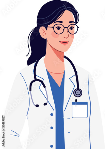 A confident female doctor in a white lab coat with stethoscope smiling warmly in a minimal vector illustration