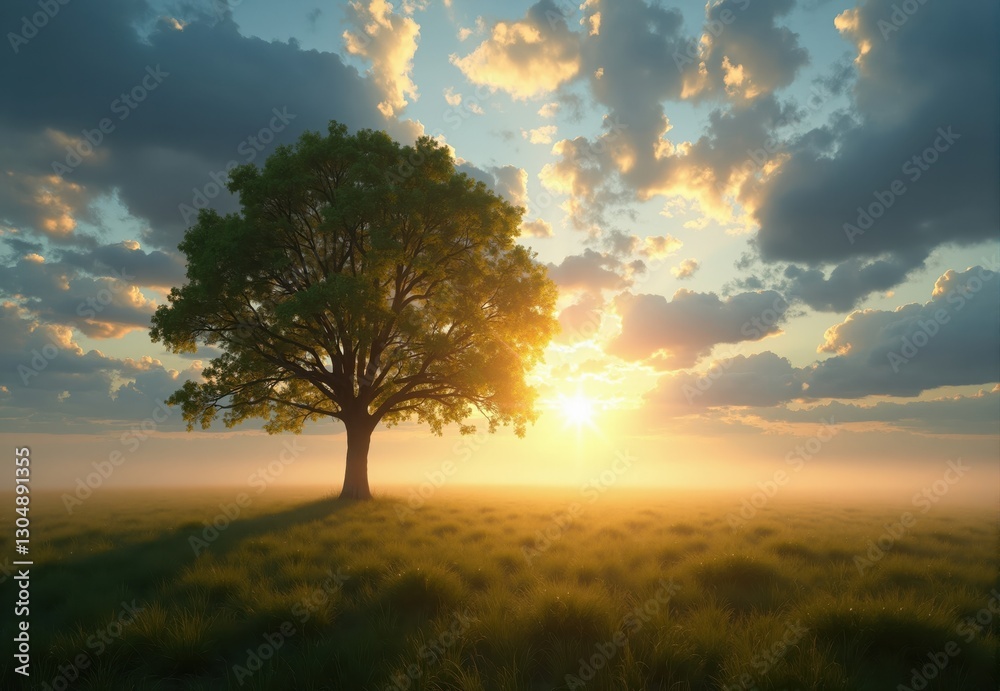 Fototapeta premium Deciduous Tree in Grassy Field at Sunset with Hazy Mist