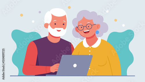Two seniors huddled together excitedly discovering new health and wellness tips through an online community for older adults which they just learned how to access.. Vector illustration