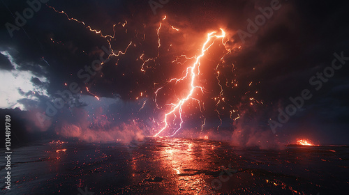 A massive lightning bolt striking the ground at night