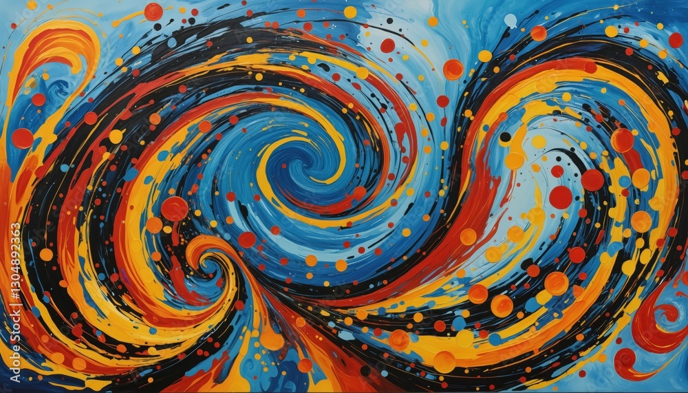 This abstract painting features a swirling swirl of orange and blue colors, with scattered red and black dots, set against a blue background, creating a dynamic and visually engaging piece This abstract painting features a swirling swirl of orange and blue colors, with scattered red and black dots, set against a blue background, creating a dynamic and visually engaging piece
