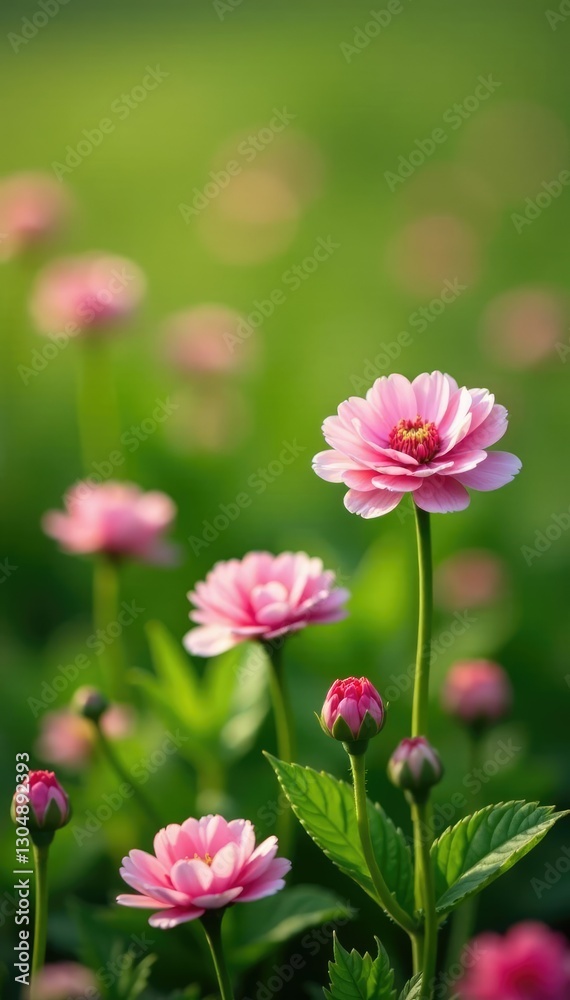 Soft pink ranunculus flowers scattered in a lush green meadow, field, meadow, spring bloom Soft pink ranunculus flowers scattered in a lush green meadow, field, meadow, spring bloom