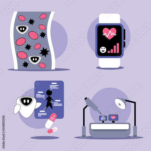 Collection of health items: smartwatch with vital signs, graphical analysis, microscopic cell images, and diagnostic device. Modern health technology concept