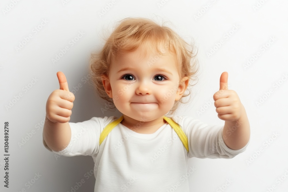 Little child showing thumbs up with a joyful expression, against a plain background during daytime playful moment Little child showing thumbs up with a joyful expression, against a plain background during daytime playful moment